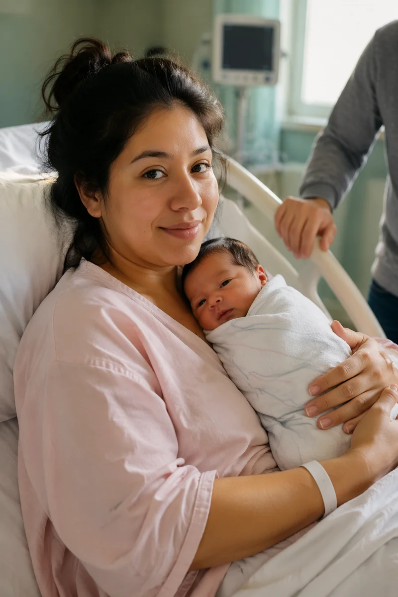 Mother Cradling Newborn in Hospital Bed