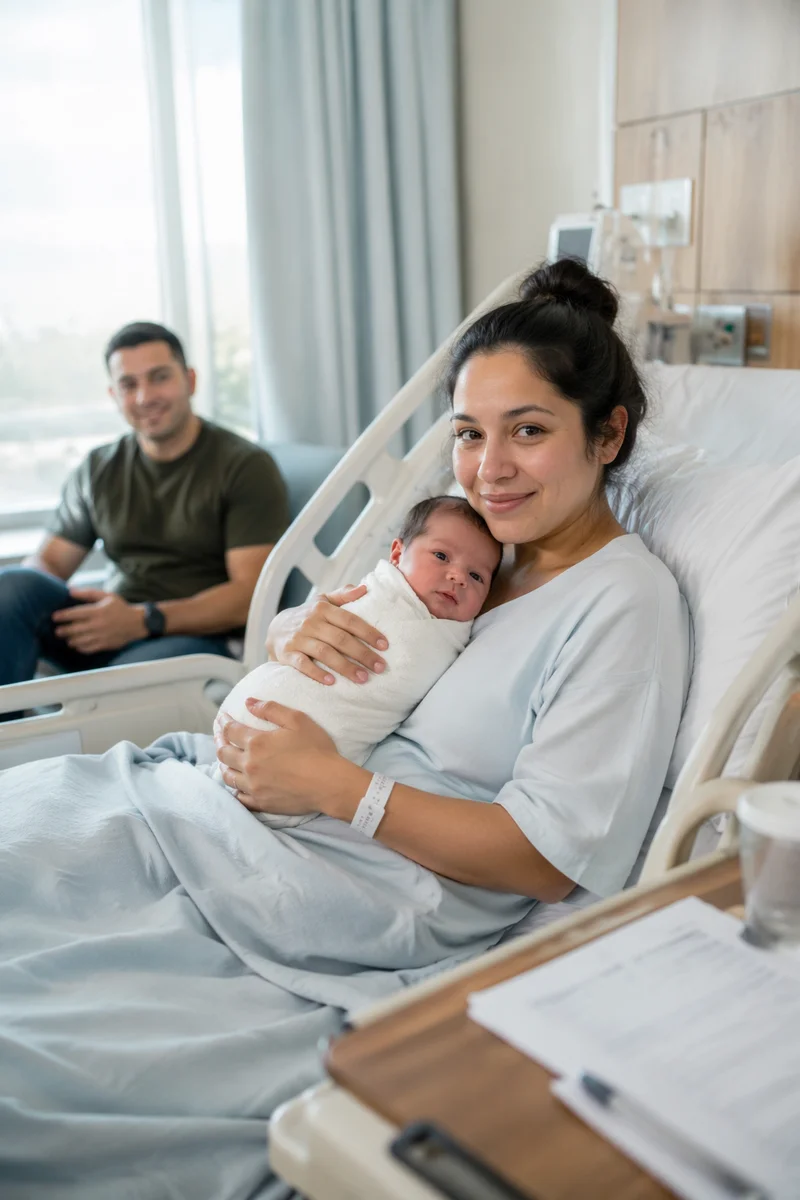 Mother Cradling Newborn in Hospital Room