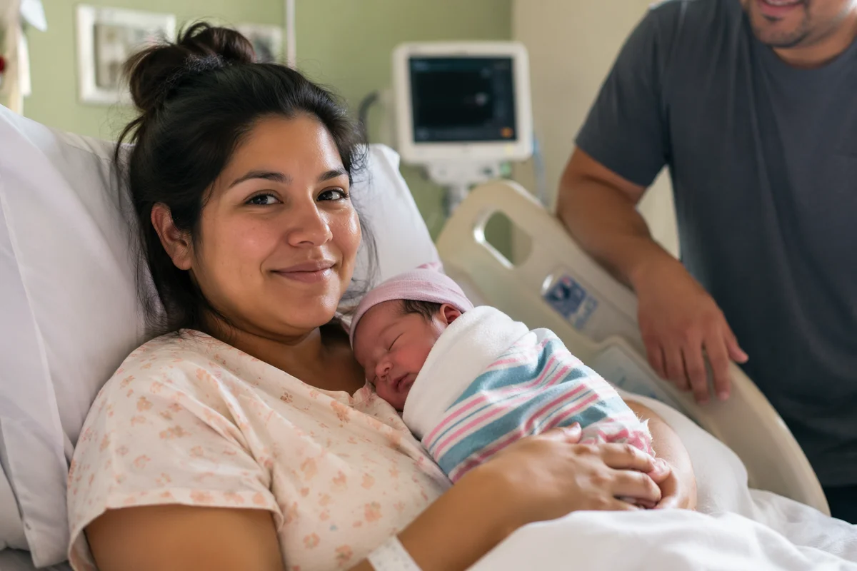 Mother Cradling Newborn in Hospital Bed