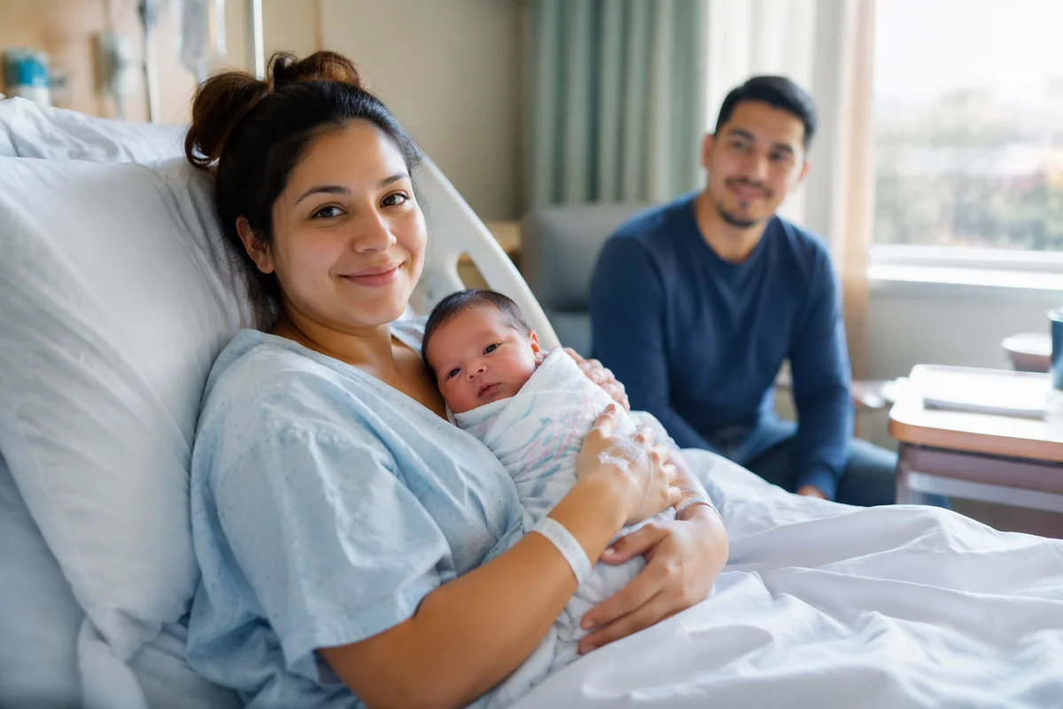 Mother Cradling Newborn in Hospital Room