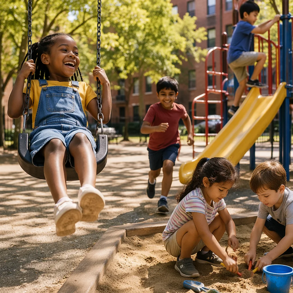Diverse Children Playing in Sunny Playground