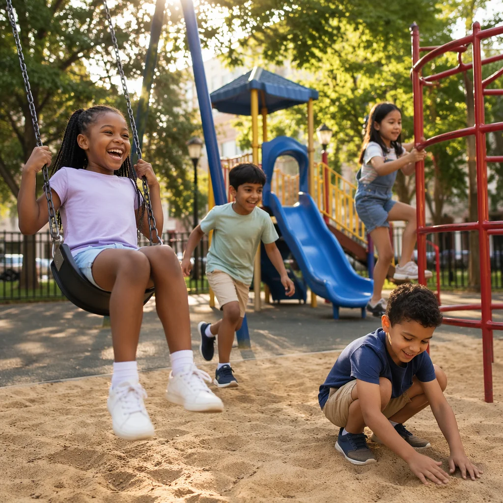Diverse Children Playing at Neighborhood Playground