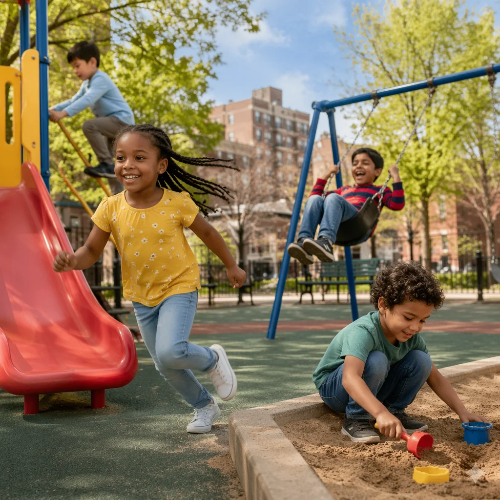 Multicultural Children Playing at Sunny Playground