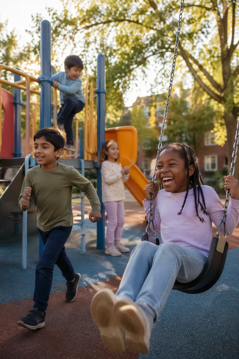 Diverse Children Playing at Neighborhood Playground
