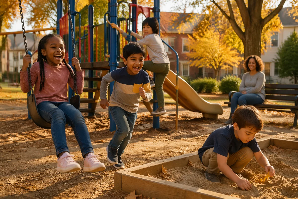 Diverse Children Playing at Neighborhood Playground