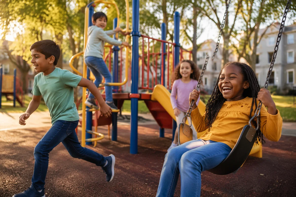 Diverse Children Playing on Neighborhood Playground