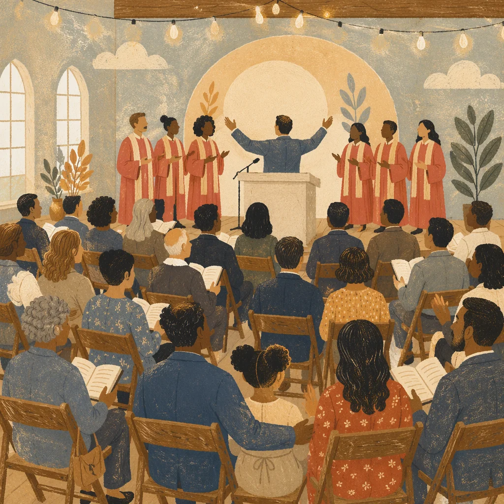 Multicultural Congregation Singing in Modern Church Hall