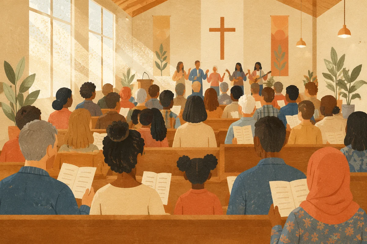 Multicultural Congregation Singing in Morning Light