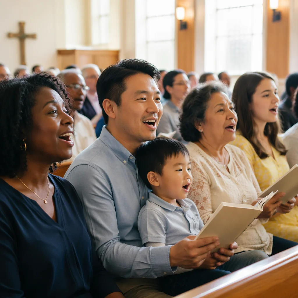 Multicultural Congregation Singing in Bright Church Hall
