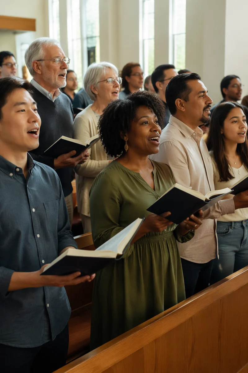 Multicultural Congregation Singing in Bright Church Hall