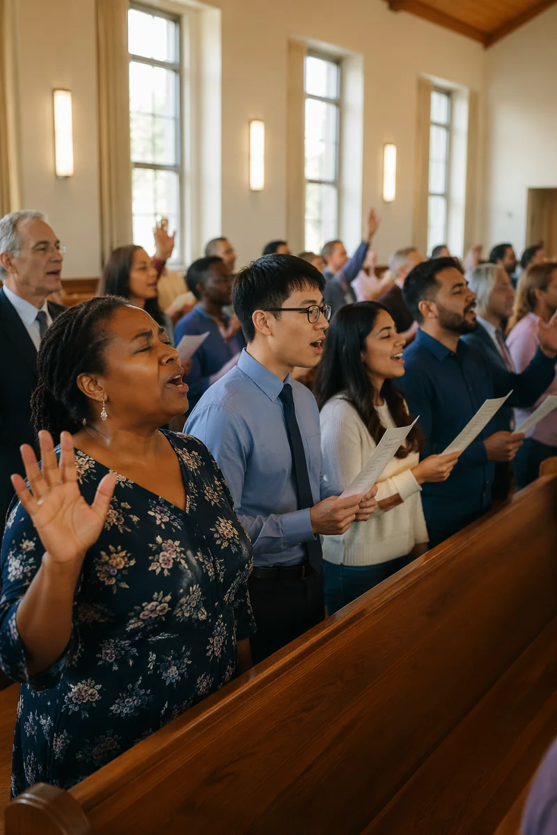 Diverse Congregation Singing in Bright Church