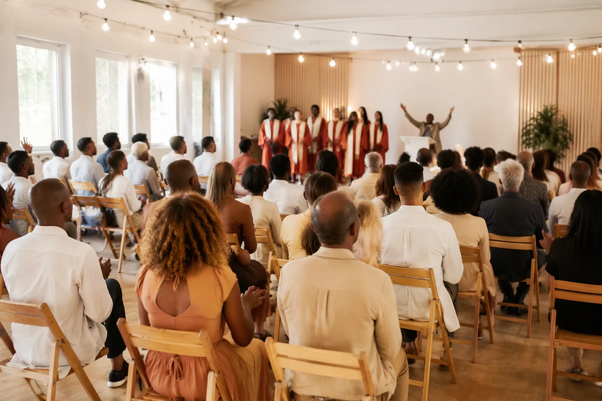 Multicultural Congregation Singing in Modern Church Hall