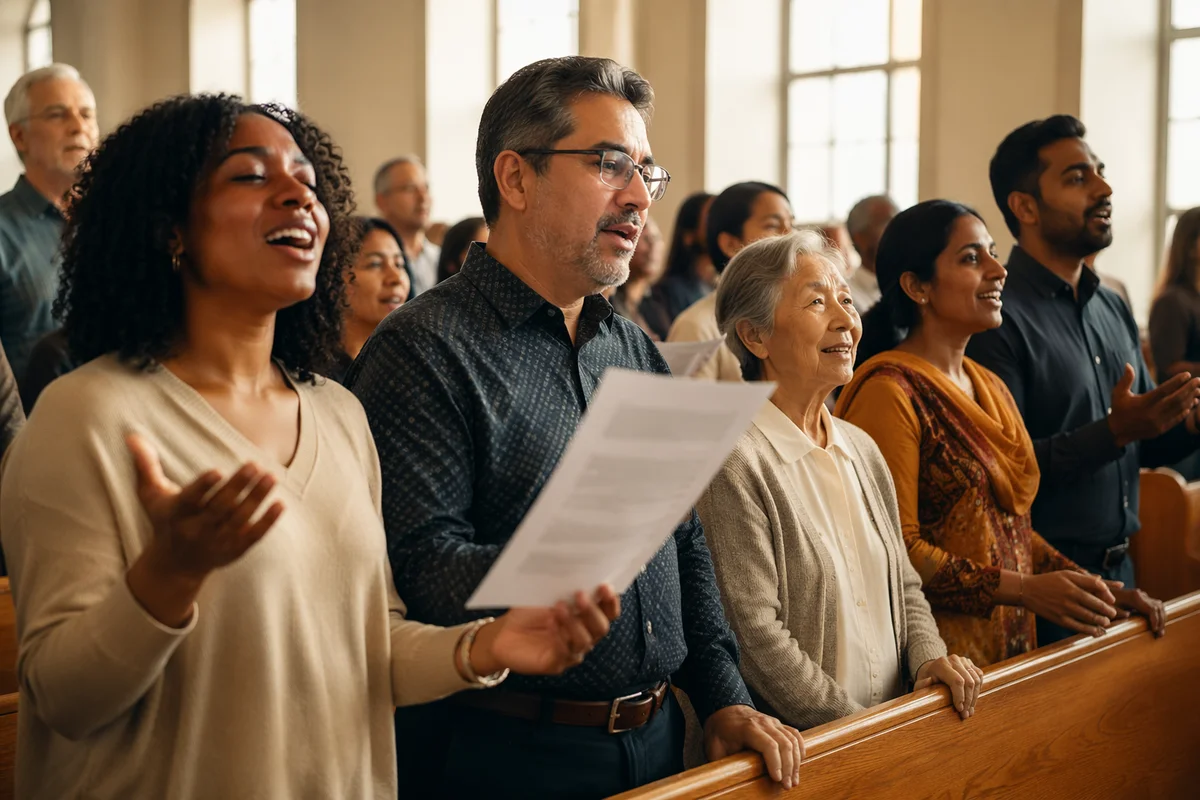 Multicultural Congregation Singing in Bright Church Hall