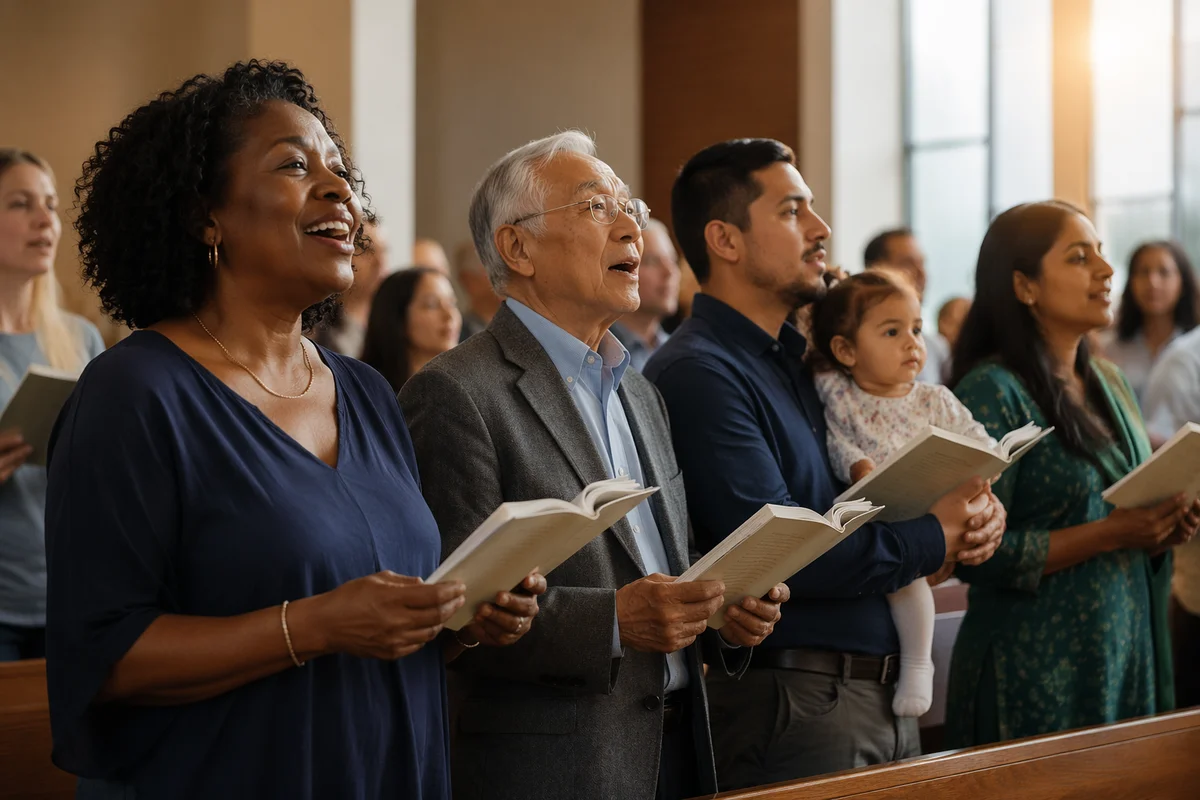 Multicultural Congregation Singing in Bright Sanctuary