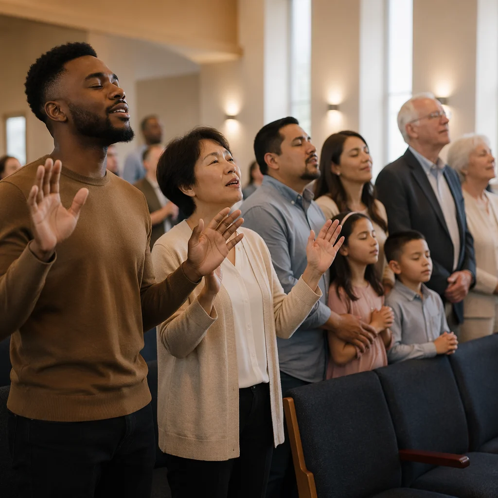 Multicultural Church Congregation Worshiping in Sanctuary
