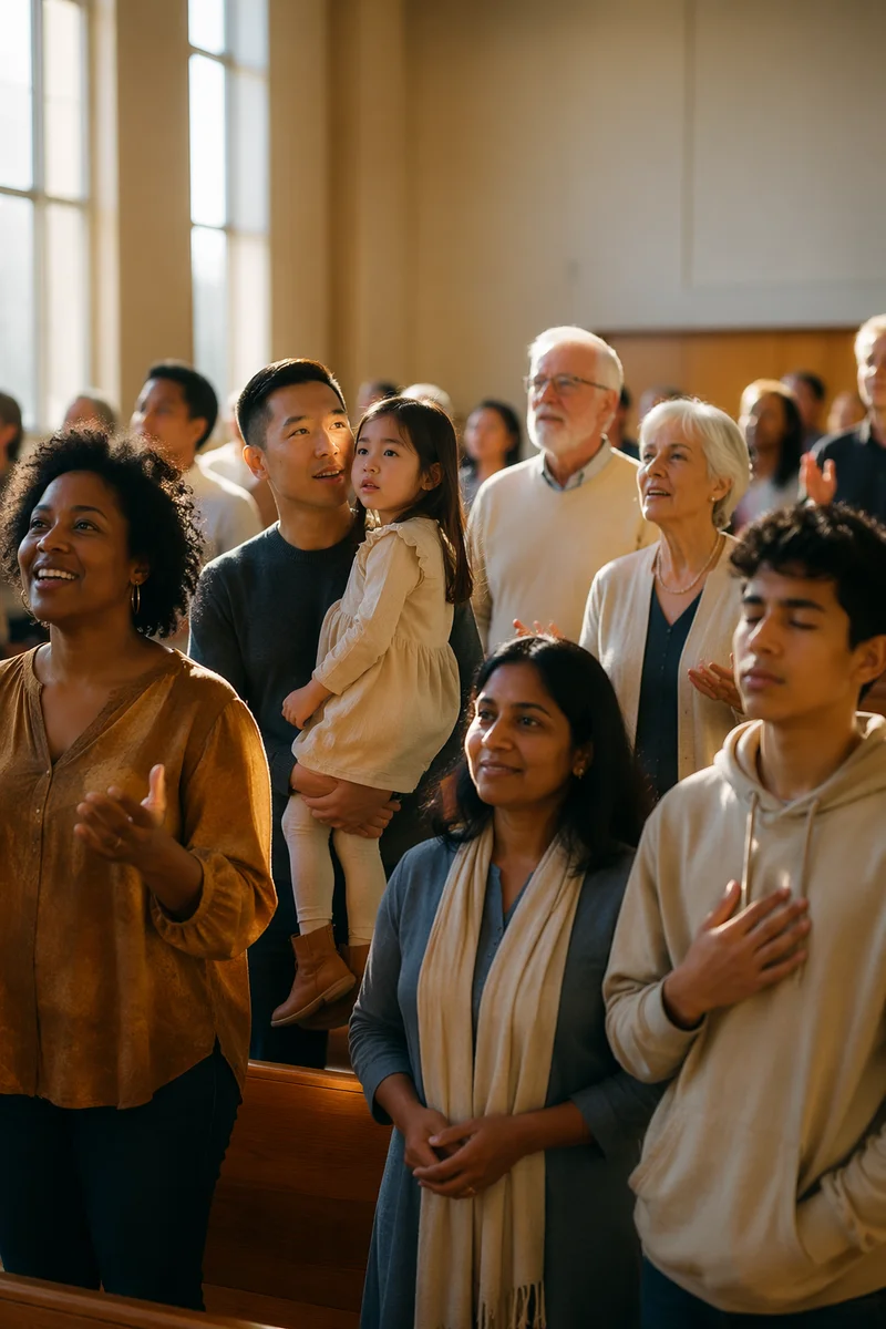 Diverse Congregation Singing in Bright Church Hall