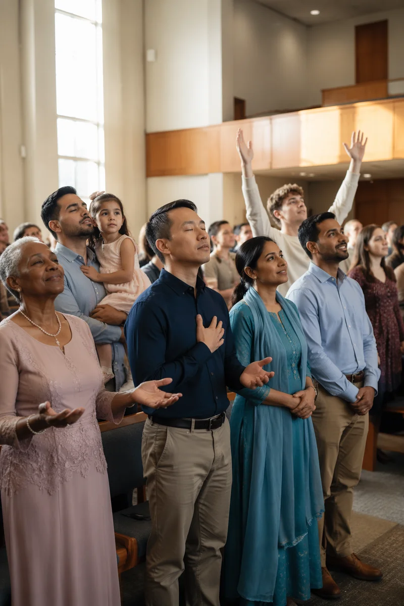 Diverse Congregation Singing in Sunlit Church