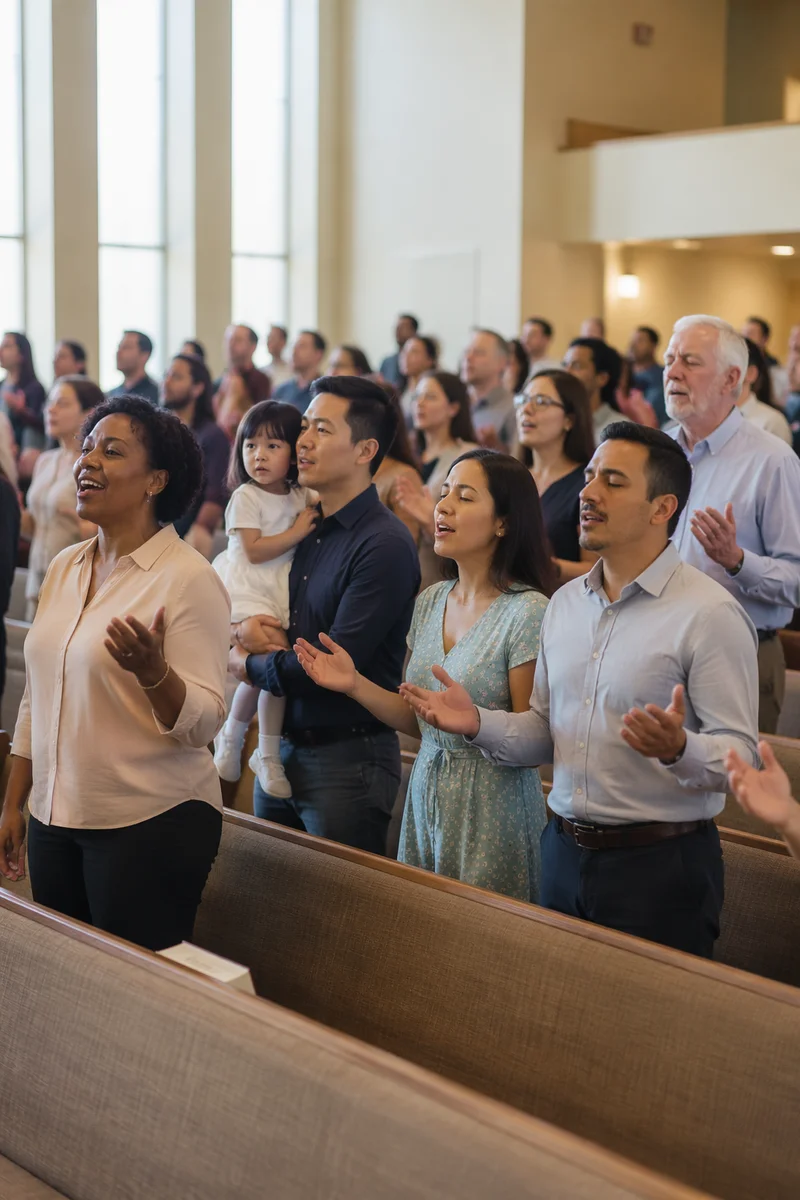 Multicultural Congregation in Bright Church Sanctuary