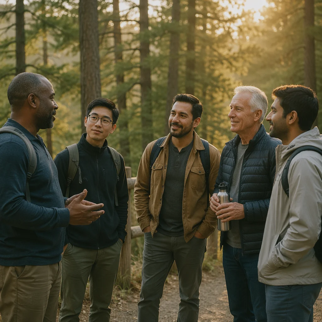 Five Men Talking on Forest Trail