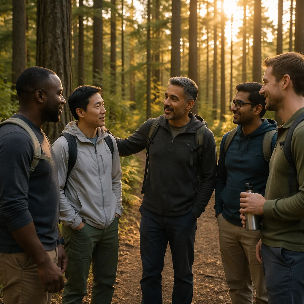 Five Men Talking on Forest Trail