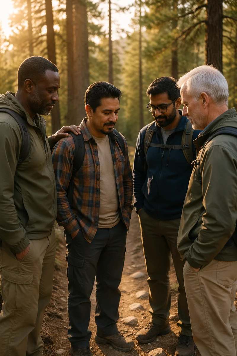 Multicultural Men on Forest Hiking Trail