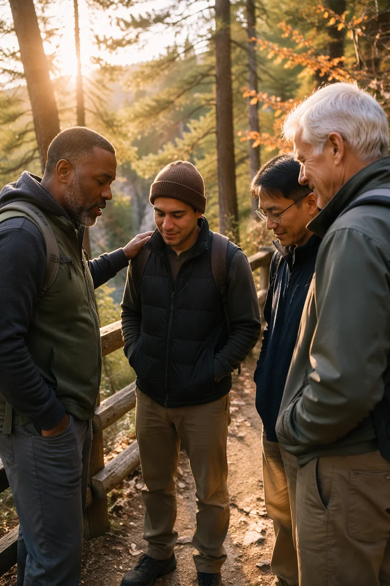 Four Men Resting on Forest Trail