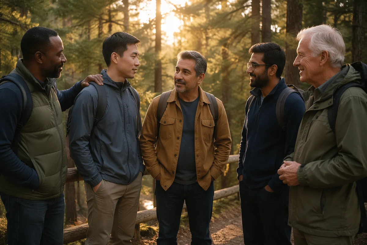 Five Men Gathered on Forest Trail