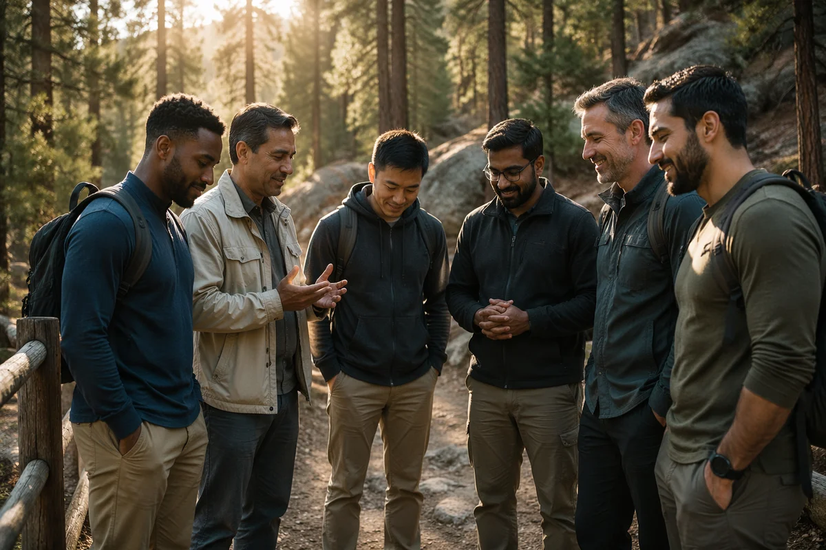 Multicultural Men on Forest Hiking Trail