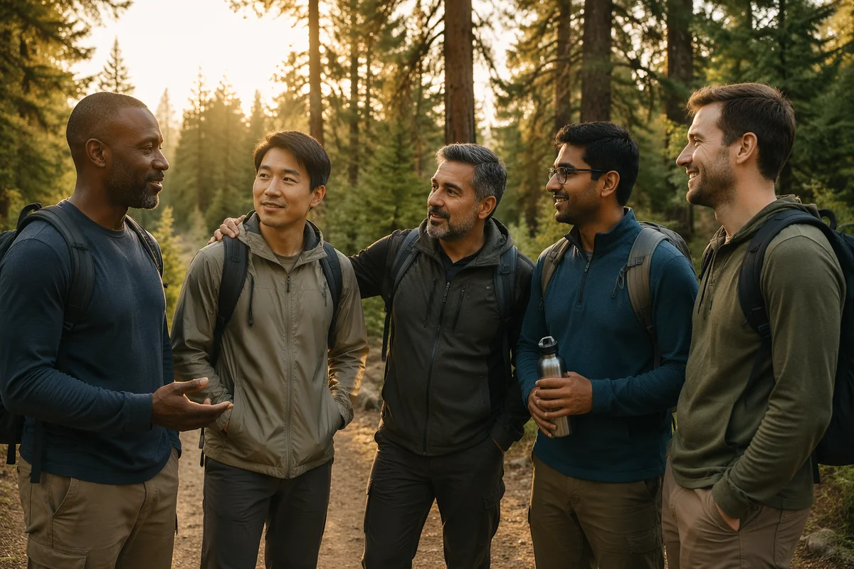 Five Men Talking on Forest Trail