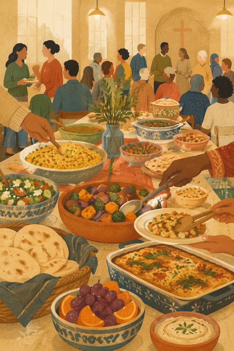 Multicultural Church Potluck Fellowship Table Scene