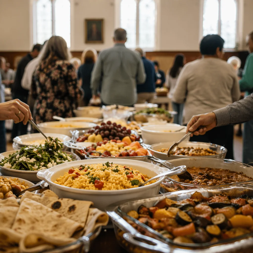 Multicultural Church Potluck Fellowship Table Scene