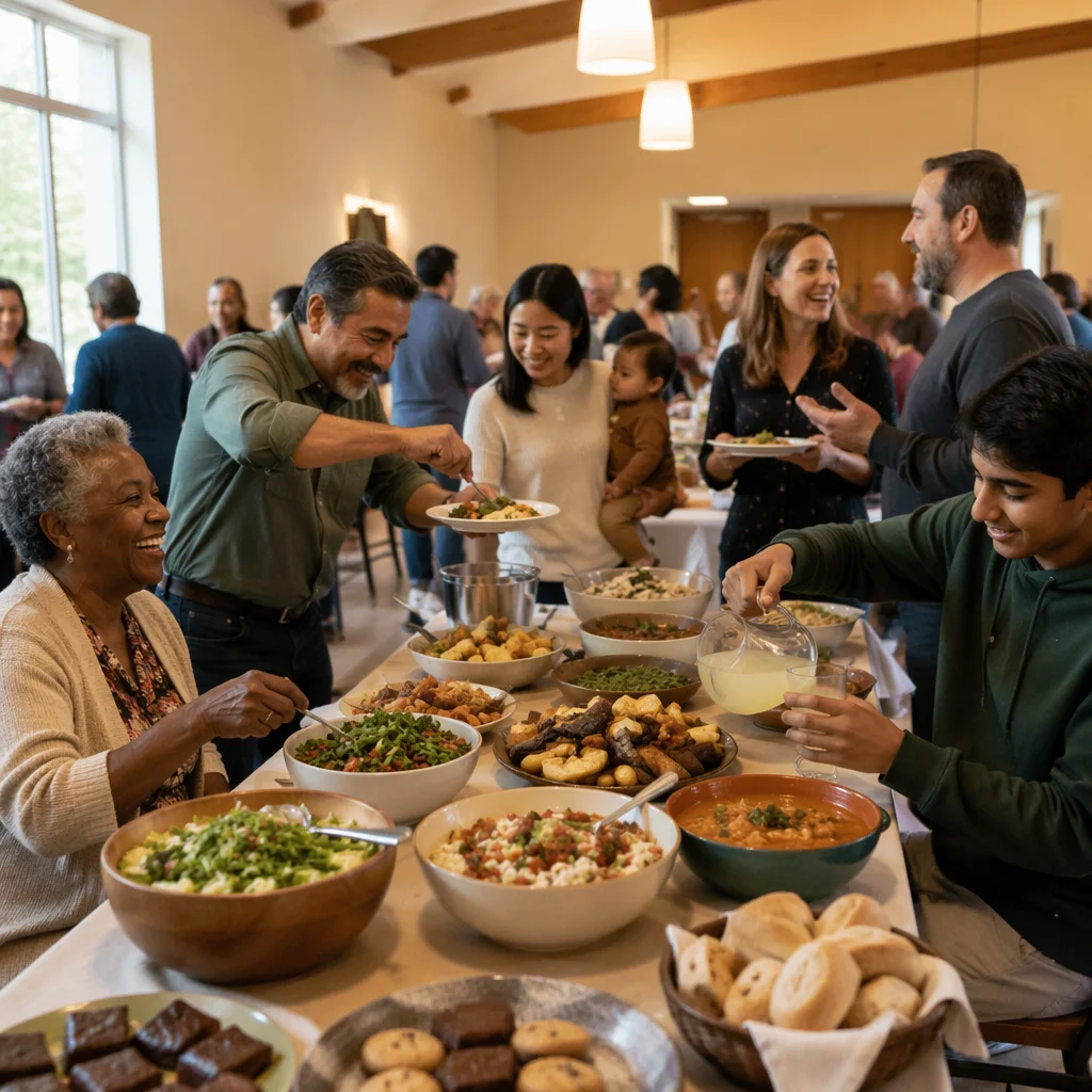 Multicultural Church Potluck Fellowship in Warm Light