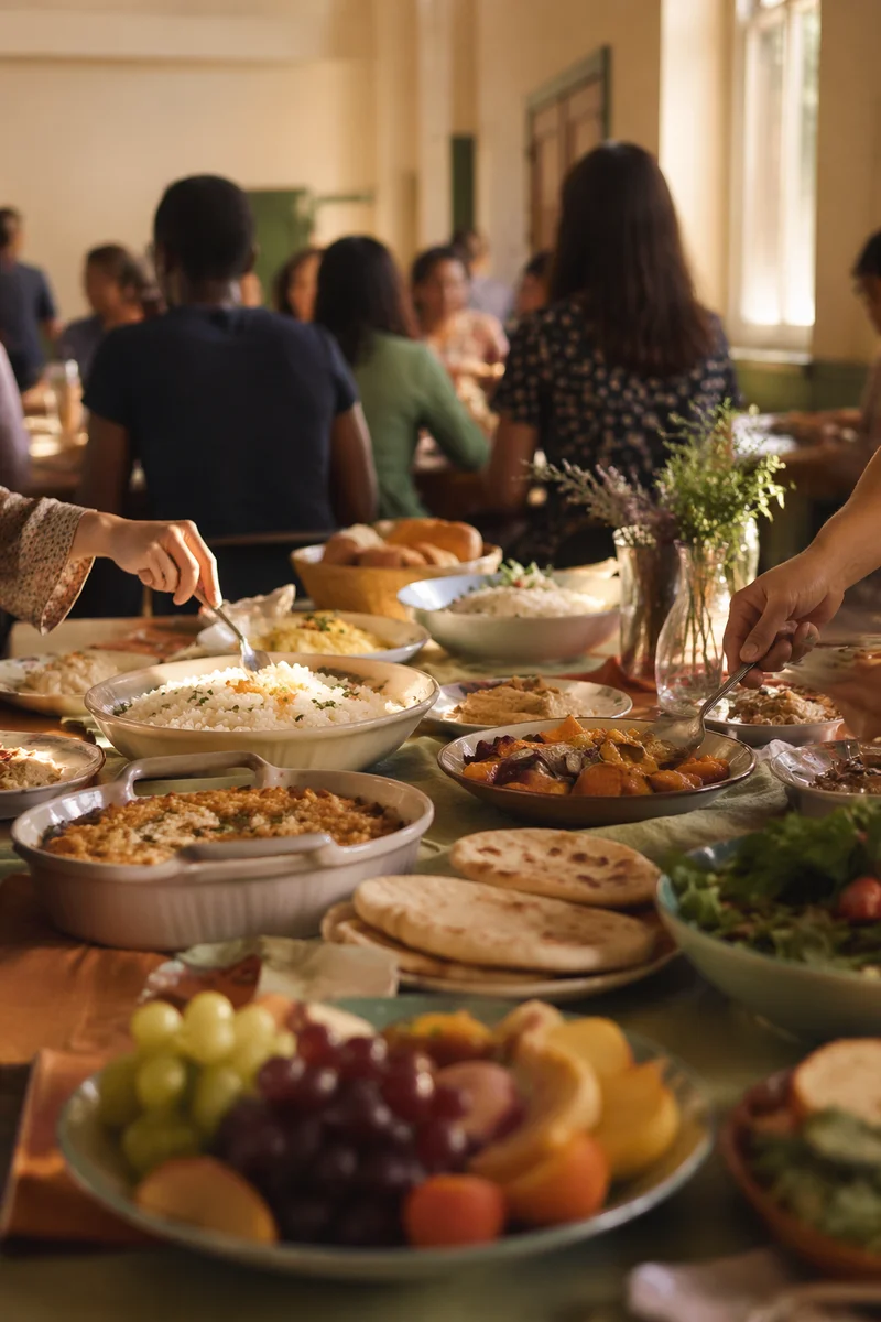 Multicultural Church Potluck Fellowship Table Scene