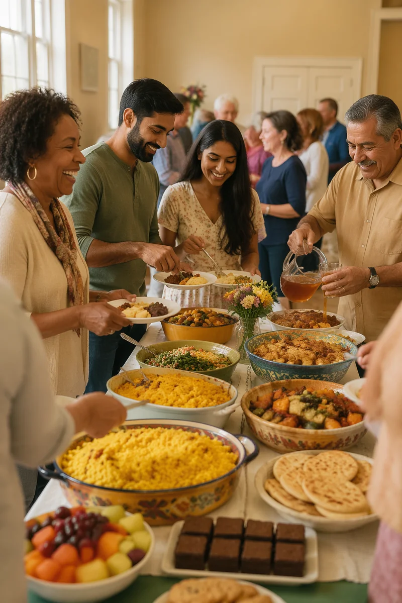 Diverse Community Potluck in Bright Hall