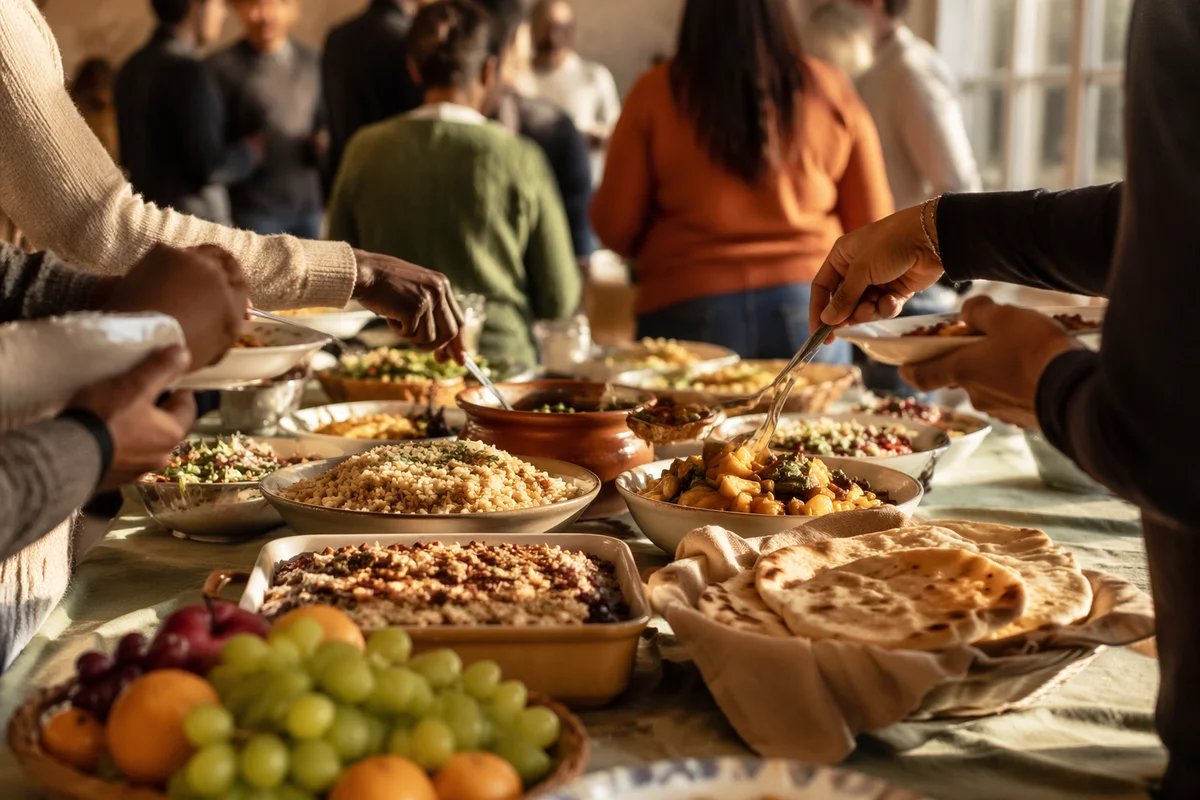 Multicultural Church Potluck Fellowship Table Scene