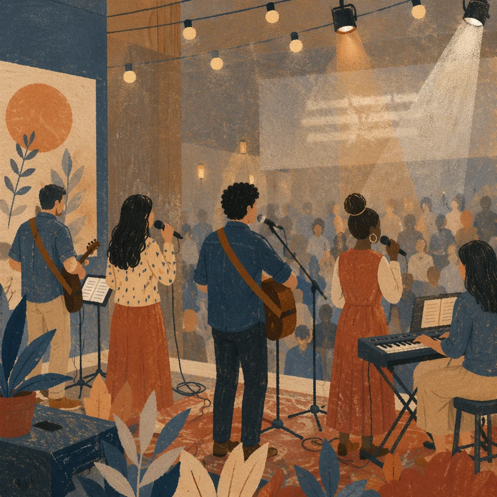 Multicultural Worship Team on Warm Lit Stage