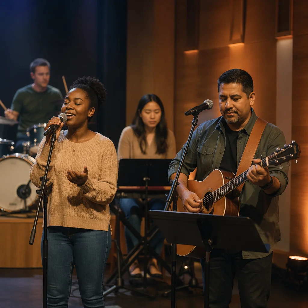 Multicultural Musicians Performing on Church Stage
