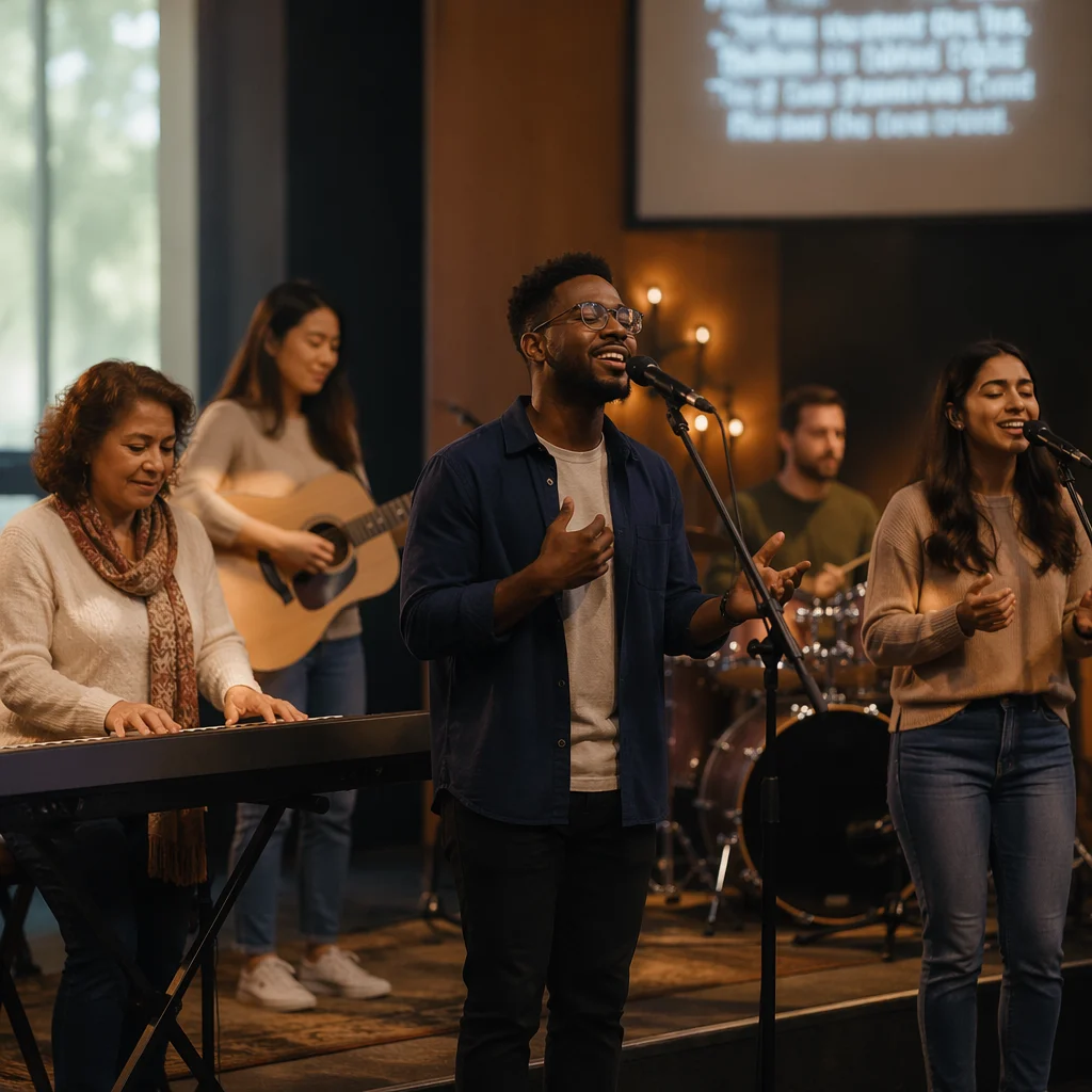 Multicultural Music Team Rehearsing on Church Stage
