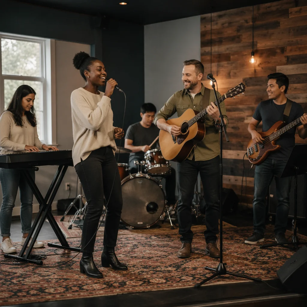 Diverse Music Band Rehearsing on Church Stage