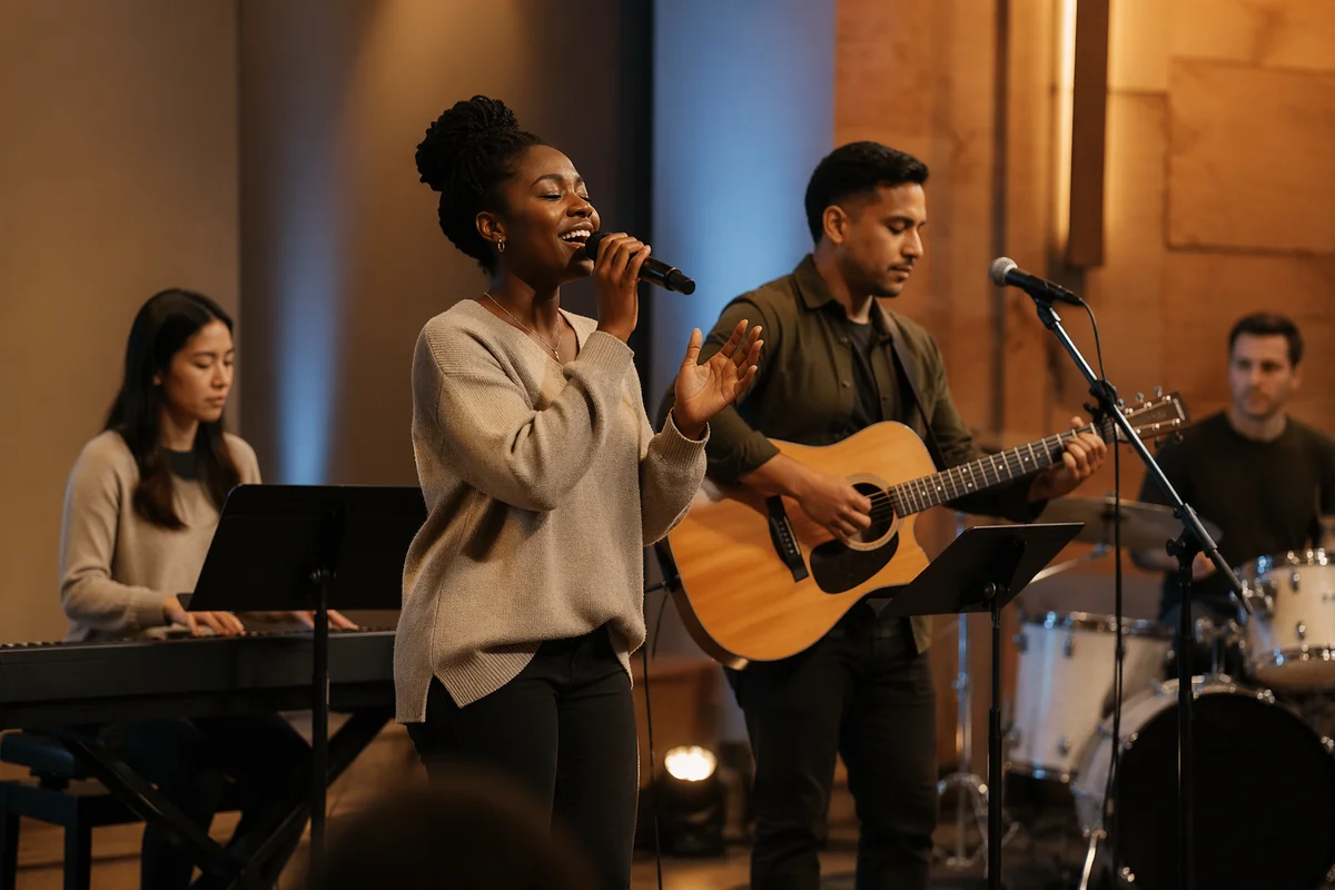 Multicultural Musicians Performing on Church Stage