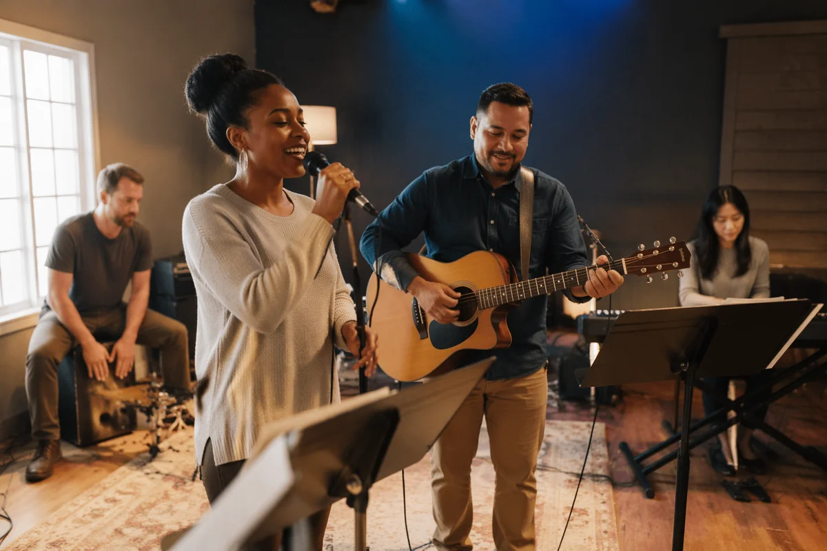 Diverse Worship Band Rehearsing on Church Stage