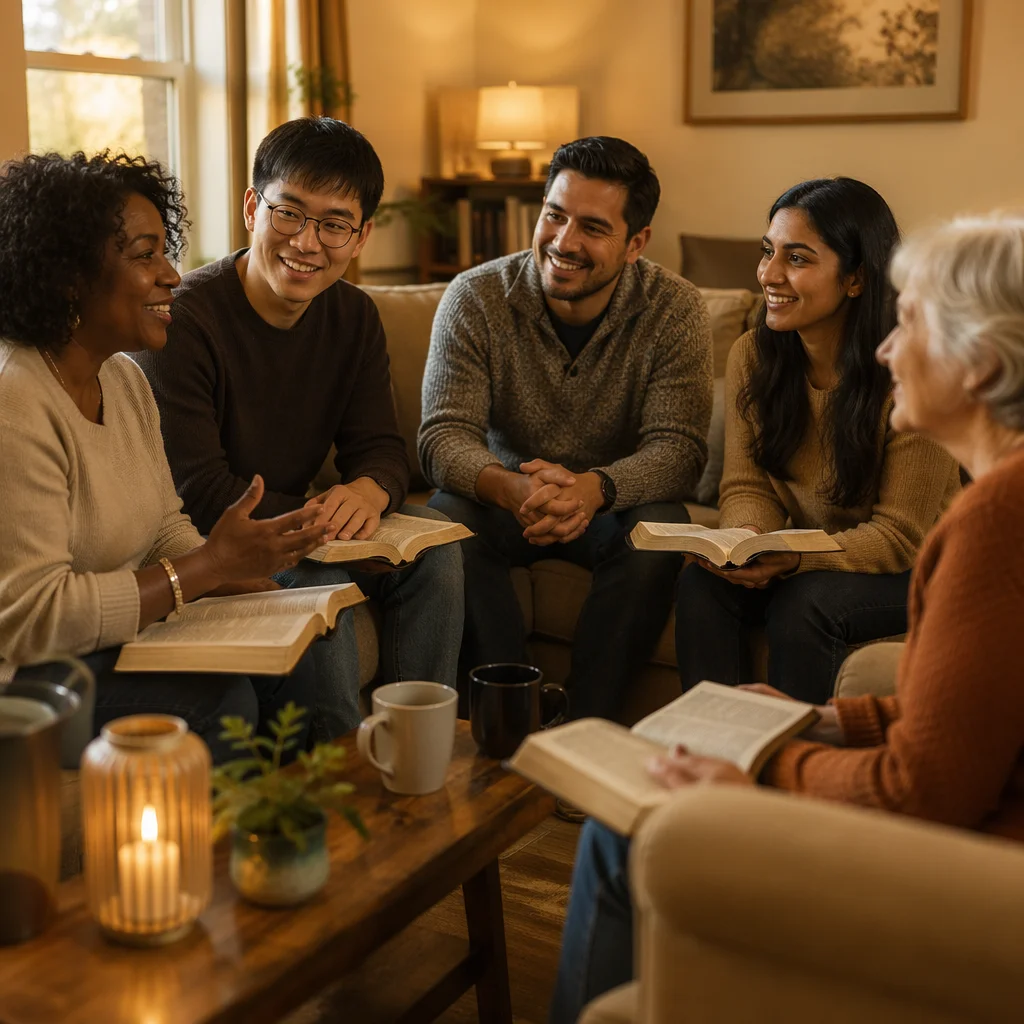 Multiethnic Bible Study Group in Cozy Living Room