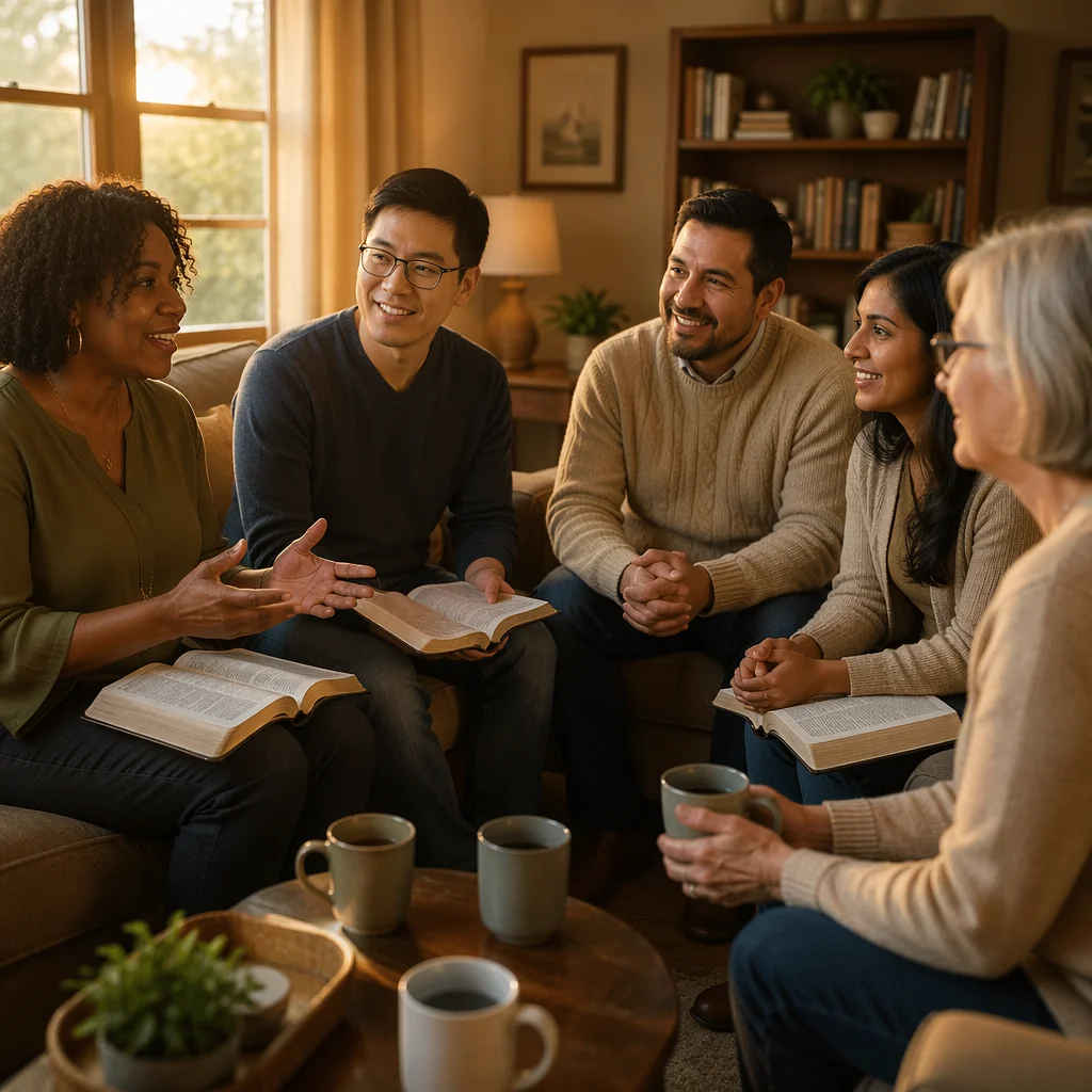 Smiling Multiethnic Bible Study in Living Room