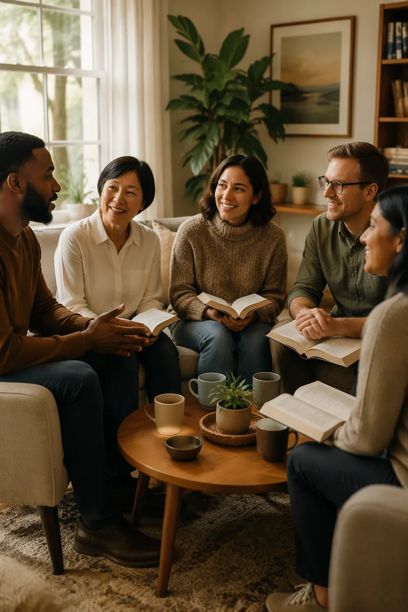 Smiling Multiethnic Bible Study in Living Room