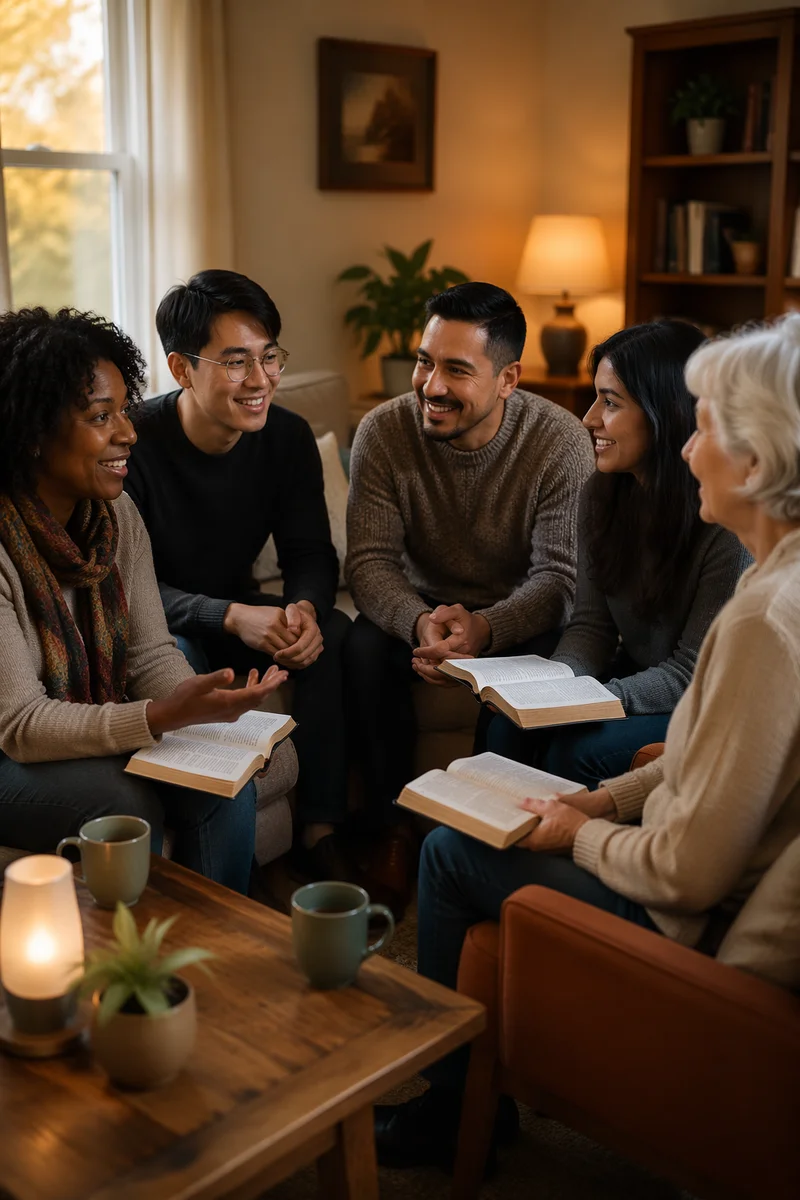 Smiling Multiethnic Bible Study in Cozy Living Room