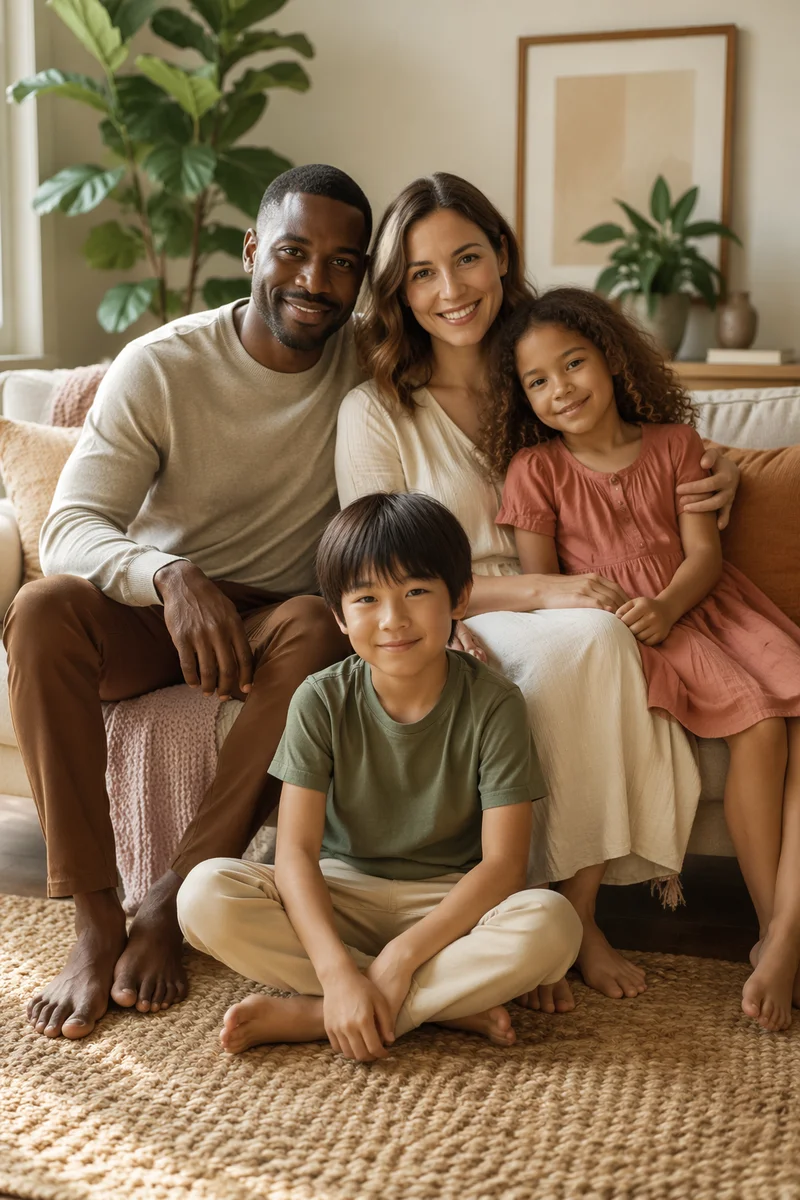 Multiethnic Family Portrait in Cozy Living Room