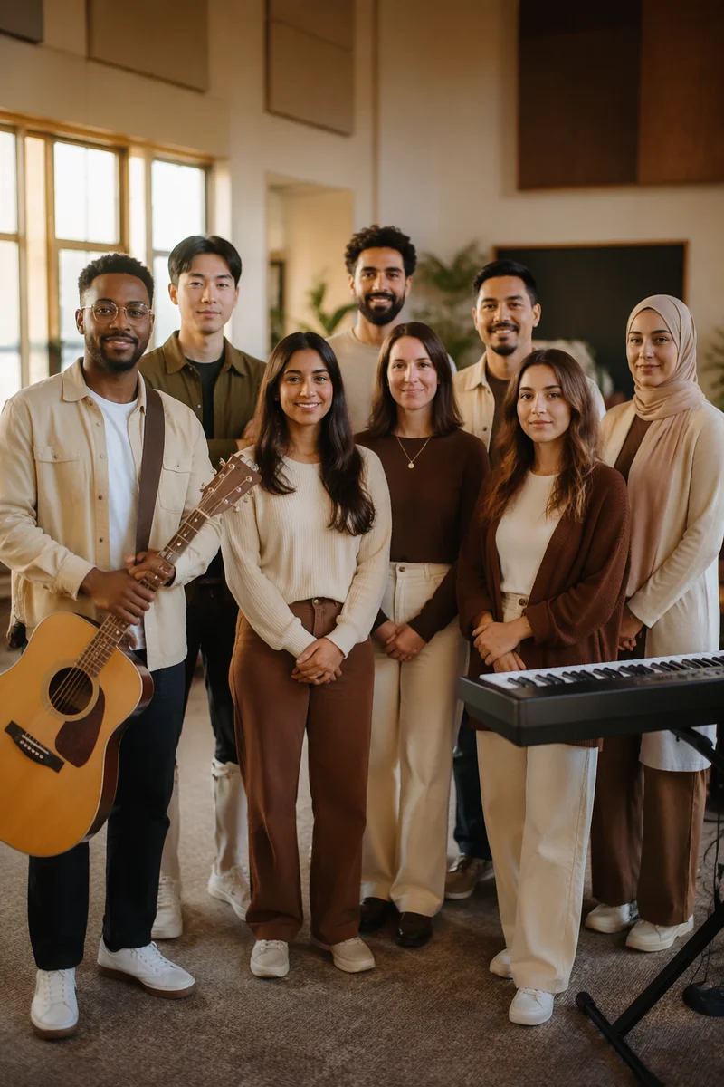 Diverse Music Team Portrait in Hall