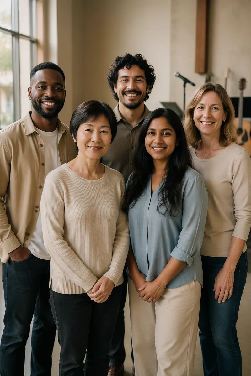 Diverse Music Team Portrait in Hall