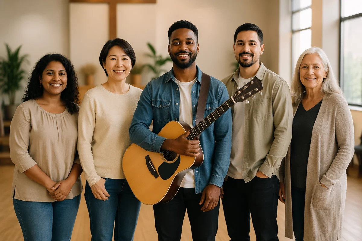 Diverse Worship Team Portrait in Community Hall