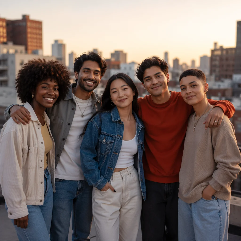 Five Diverse Friends on Urban Rooftop